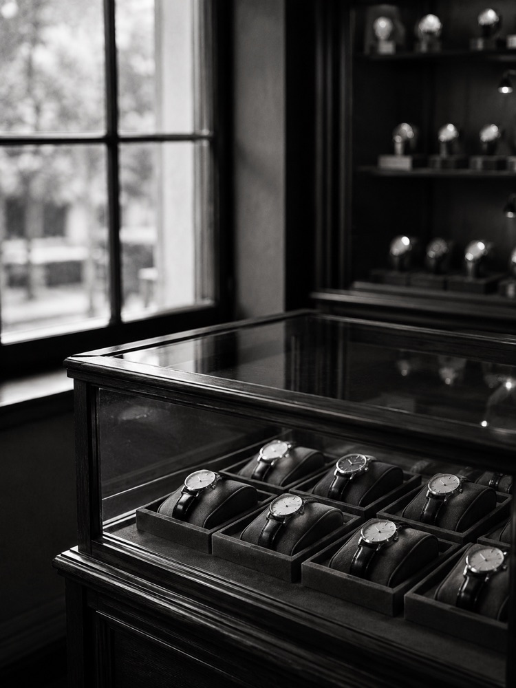 Interior de uma relojoaria tradicional, com vitrine de madeira e vidro